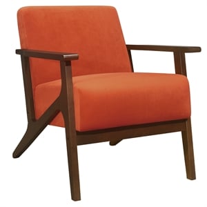 Pemberly Row Velvet Accent Chair with Dark Walnut Wood Frame in Orange