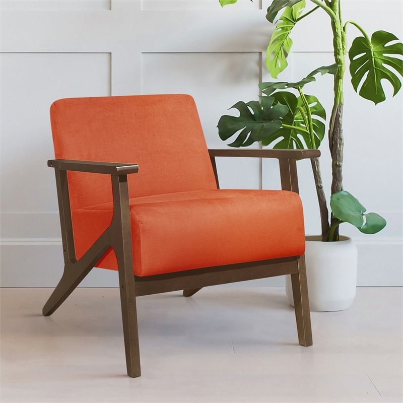 Pemberly Row Velvet Accent Chair with Dark Walnut Wood Frame in Orange