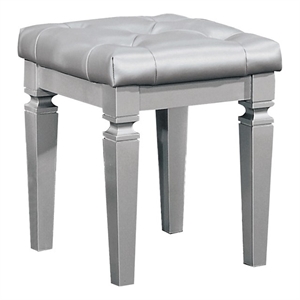 Pemberly Row Button-Tufted Faux Leather Vanity Stool in Silver