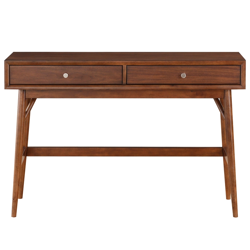 Pemberly Row Mid-Century 2-Drawer Console Table with Walnut Veneer in Brown