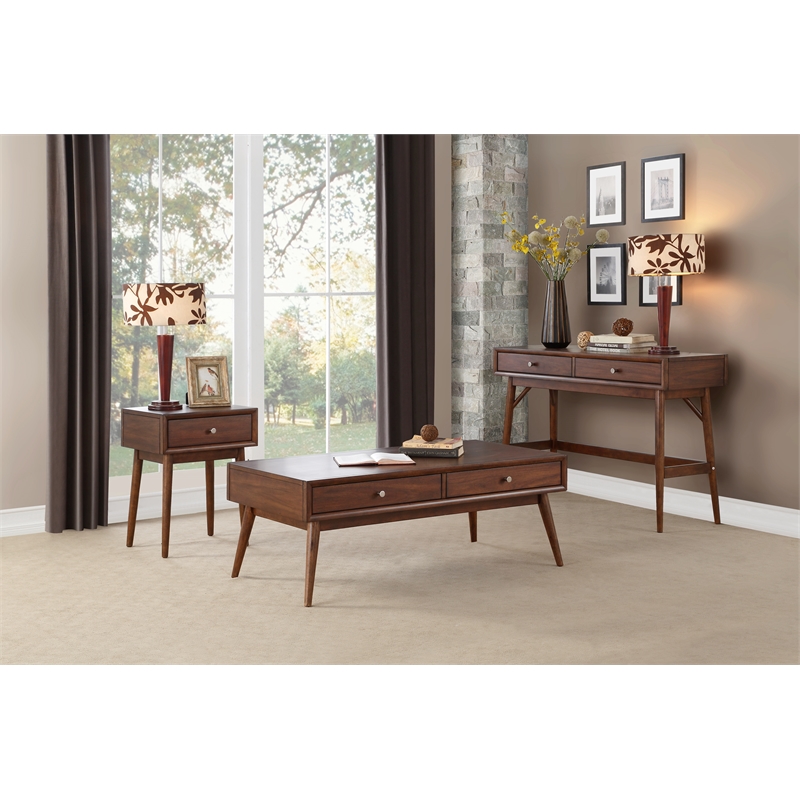 Pemberly Row Mid-Century 2-Drawer Console Table with Walnut Veneer in Brown