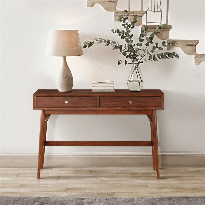 Pemberly Row Mid-Century 2-Drawer Console Table with Walnut Veneer in Brown