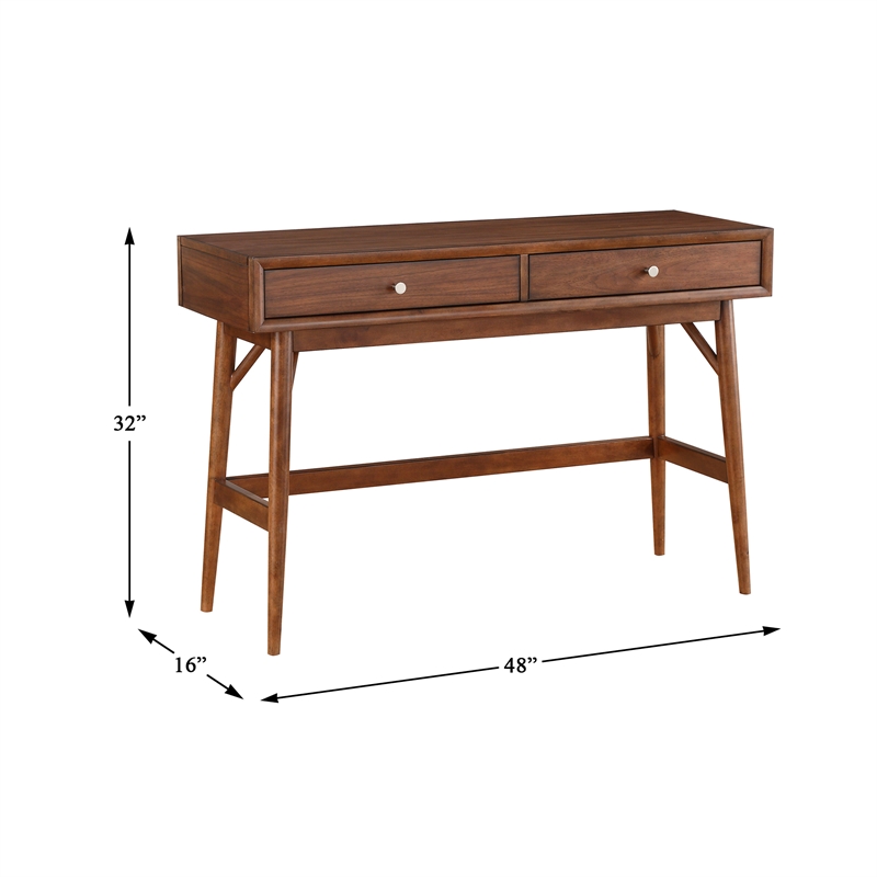 Pemberly Row Mid-Century 2-Drawer Console Table with Walnut Veneer in Brown