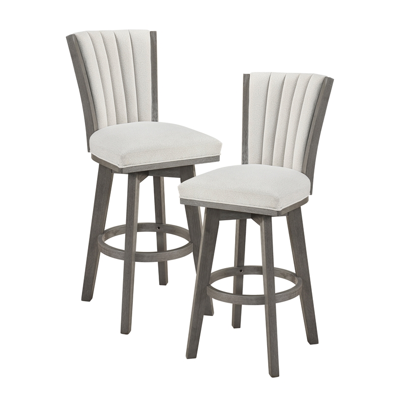 Pemberly Row Velvet Channel-Tufted Pub Height Swivel Stool in Beige