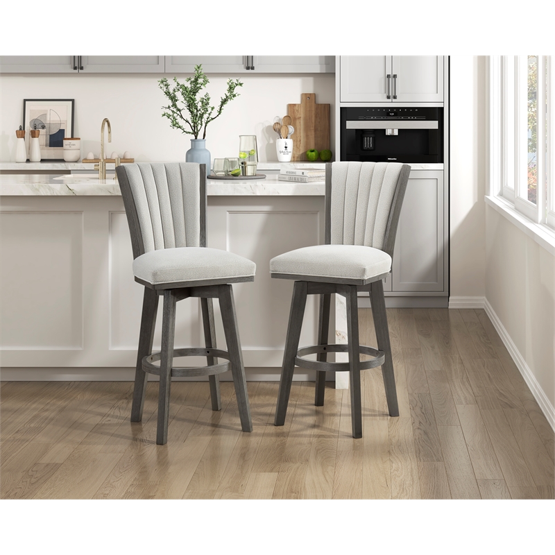 Pemberly Row Velvet Channel-Tufted Pub Height Swivel Stool in Beige