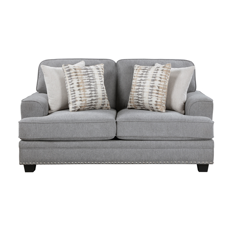 Pemberly Row Chenille Loveseat with Nailhead Trim and 4 Pillows in Gray