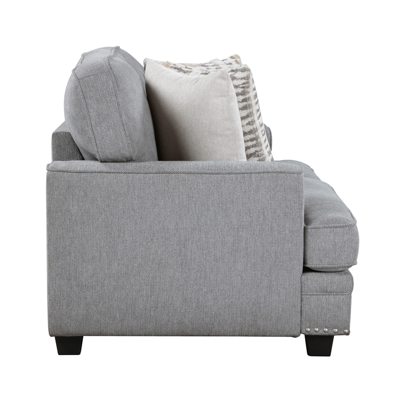 Pemberly Row Chenille Loveseat with Nailhead Trim and 4 Pillows in Gray