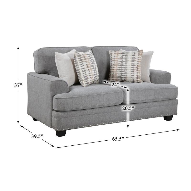 Pemberly Row Chenille Loveseat with Nailhead Trim and 4 Pillows in Gray