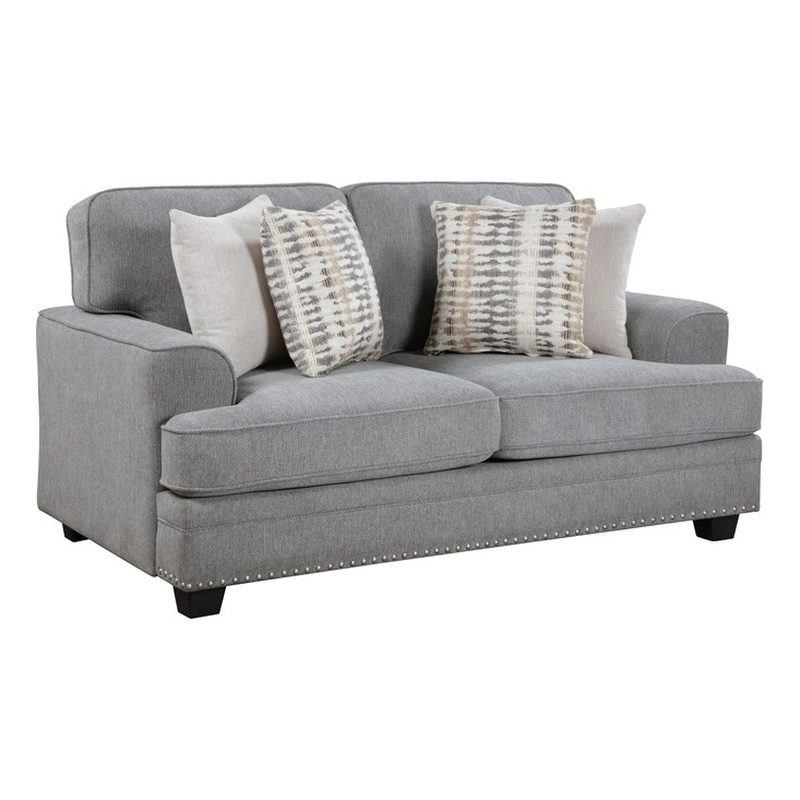 Pemberly Row Chenille Loveseat with Nailhead Trim and 4 Pillows in Gray