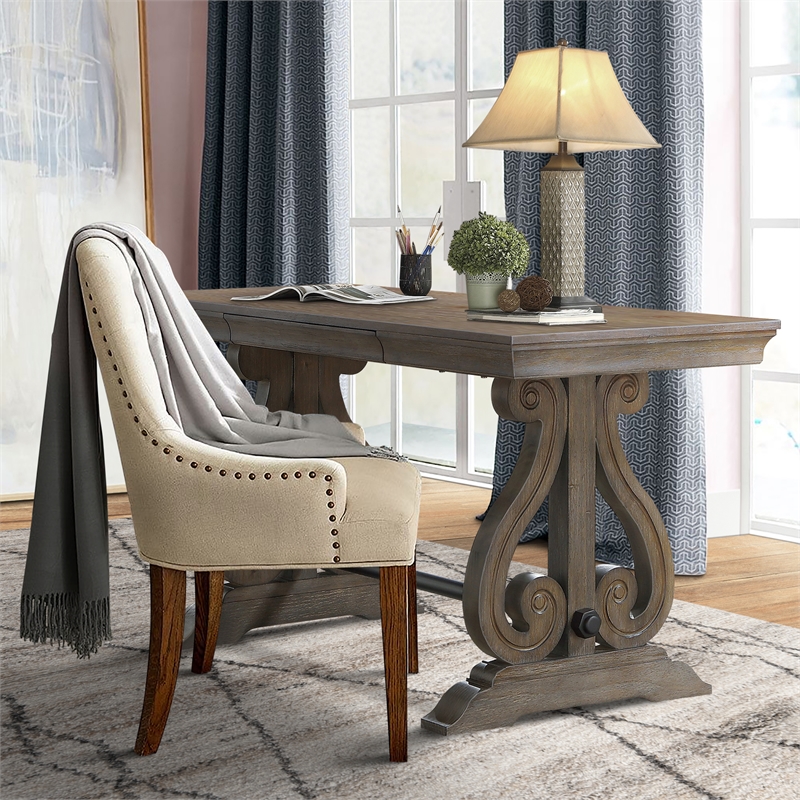 Pemberly Row Scroll Base 1-Drawer Writing Desk with Acacia Veneer in Dark Oak