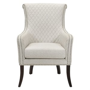 Pemberly Row Diamond-Stitched Nailhead Accent Chair with Espresso Legs in Beige