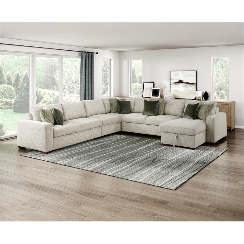 Pemberly Row Microfiber 5-Pc Sectional with Pull-Out Bed & Storage in Sage Sand