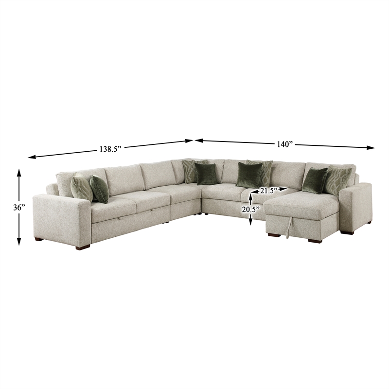 Pemberly Row Microfiber 5-Pc Sectional with Pull-Out Bed & Storage in Sage Sand