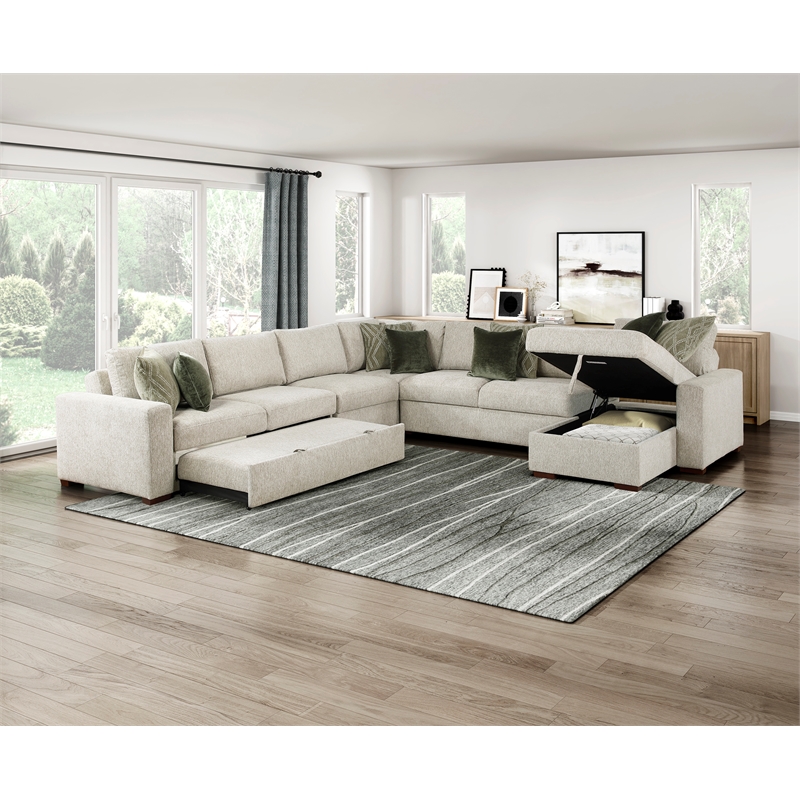 Pemberly Row Microfiber 5-Pc Sectional with Pull-Out Bed & Storage in Sage Sand