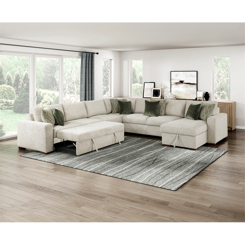 Pemberly Row Microfiber 5-Pc Sectional with Pull-Out Bed & Storage in Sage Sand