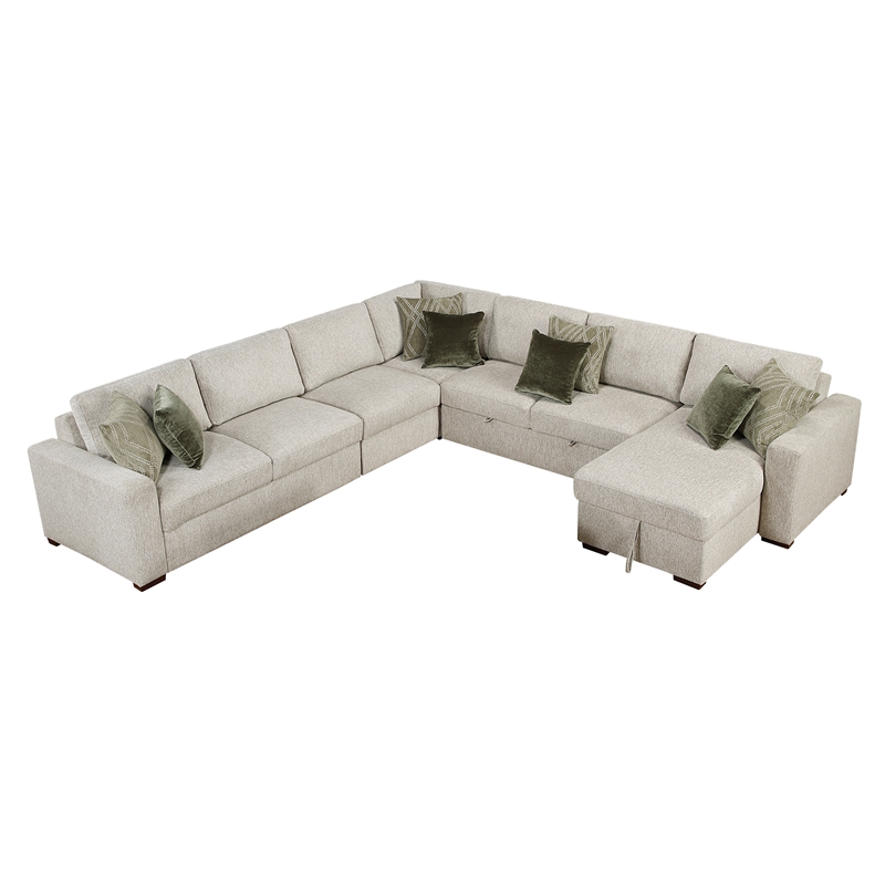 Pemberly Row Microfiber 5-Pc Sectional with Pull-Out Bed & Storage in Sage Sand