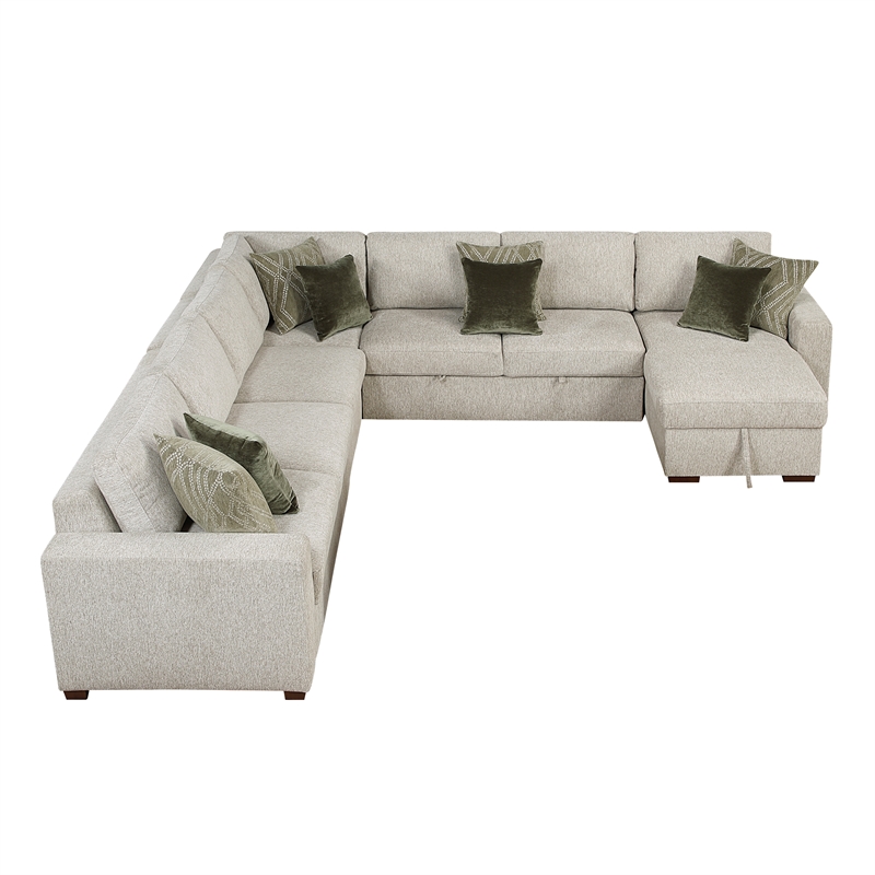 Pemberly Row Microfiber 5-Pc Sectional with Pull-Out Bed & Storage in Sage Sand