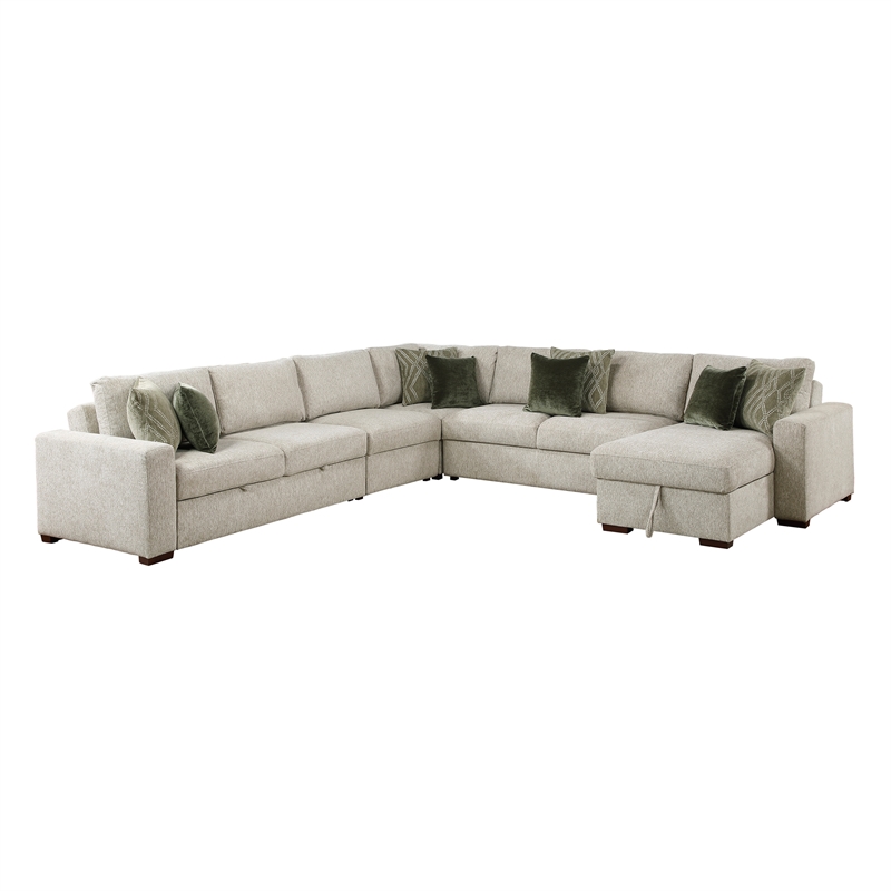 Pemberly Row Microfiber 5-Pc Sectional with Pull-Out Bed & Storage in Sage Sand