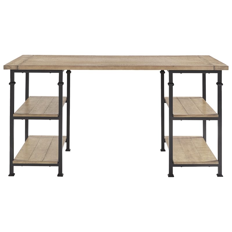Pemberly Row Industrial Wood and Metal Writing Desk with Shelves in Brown/Black
