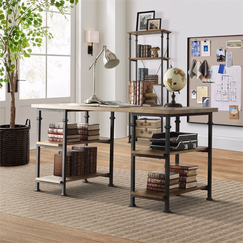 Pemberly Row Industrial Wood and Metal Writing Desk with Shelves in Brown/Black