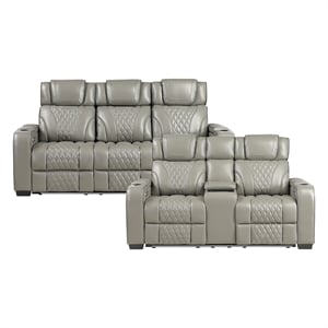Pemberly Row Top Grain Leather Power Reclining Sofa and Loveseat in Gray