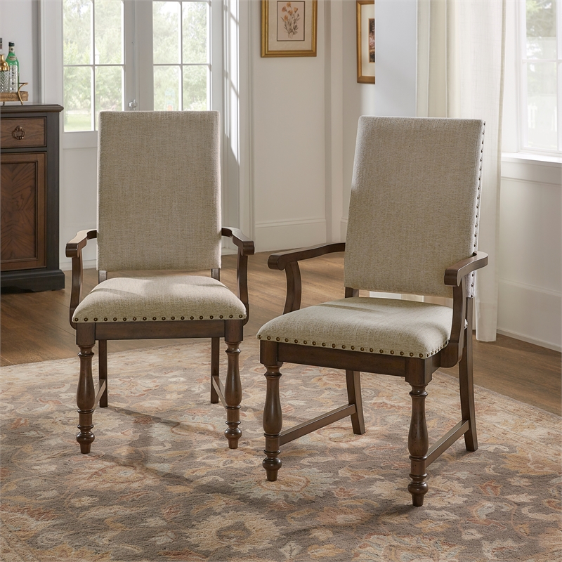 Pemberly Row Wood Dining Arm Chair with Nailhead Trim in Brown and Beige