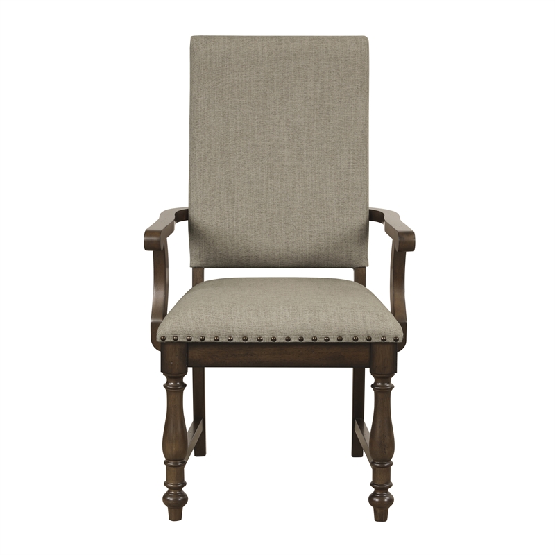 Pemberly Row Wood Dining Arm Chair with Nailhead Trim in Brown and Beige