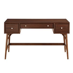 Pemberly Row Wood Writing Desk with 3 Drawers and Nickel Hardware in Brown