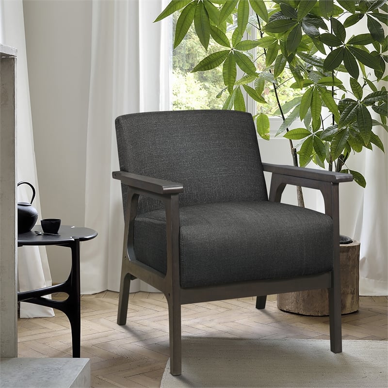 Pemberly Row Solid Wood and Fabric Upholstered Accent Chair in Dark Gray
