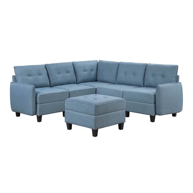 Pemberly Row Textured 6-Piece Sectional with Storage and Ottoman in Blue