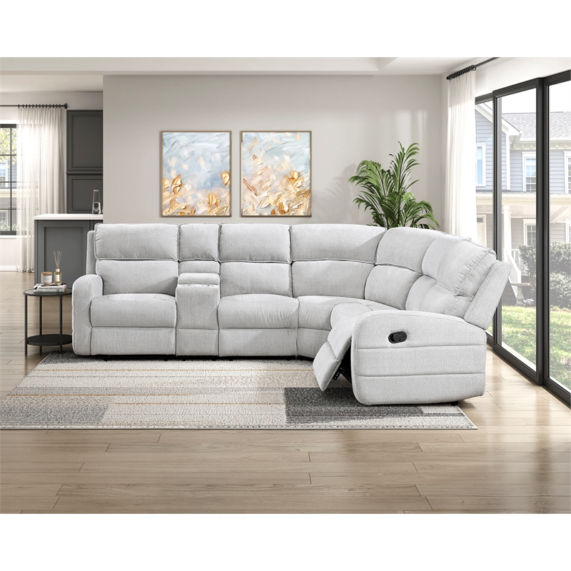 Pemberly Row Chenille 3-Piece Reclining Sectional with Console in Light Gray