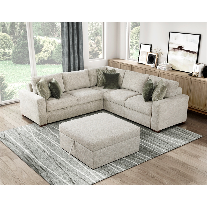 Pemberly Row Microfiber 4-Piece Sectional with Pull-out Bed in Sage Sand