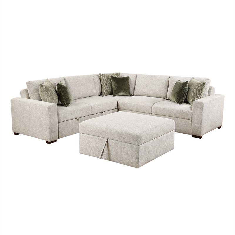 Pemberly Row Microfiber 4-Piece Sectional with Pull-out Bed in Sage Sand