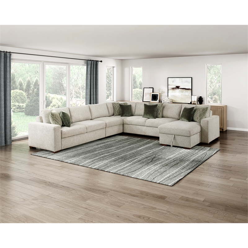 Pemberly Row Microfiber 5-Pc Sectional with Chaise & Hidden Storage in Sage Sand
