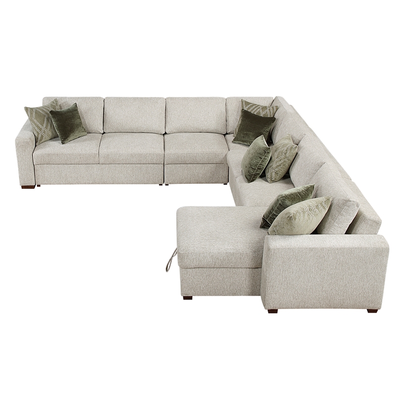 Pemberly Row Microfiber 5-Pc Sectional with Chaise & Hidden Storage in Sage Sand