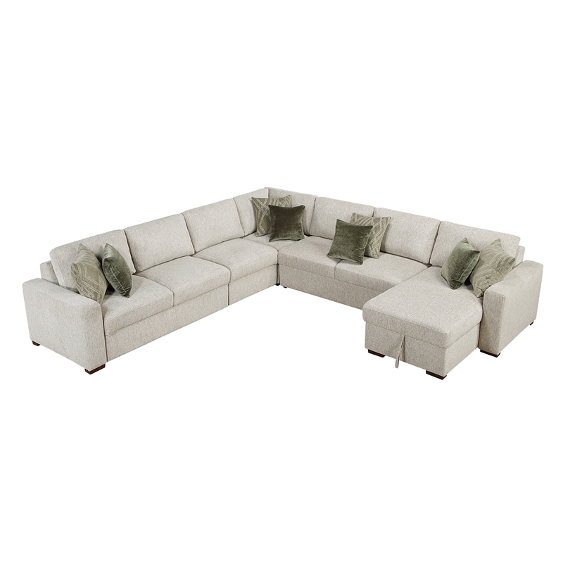 Pemberly Row Microfiber 5-Pc Sectional with Chaise & Hidden Storage in Sage Sand