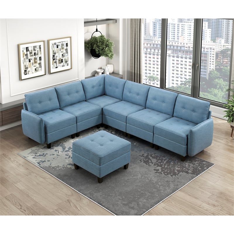 Pemberly Row Textured 7-Piece Modular Sectional with Storage and Ottoman in Blue