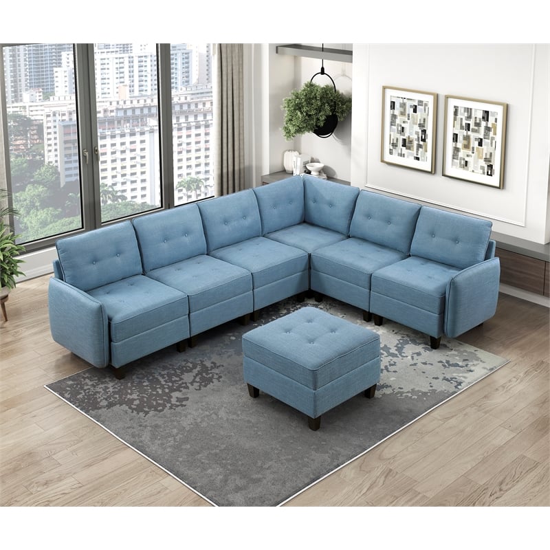 Pemberly Row Textured 7-Piece Modular Sectional with Storage and Ottoman in Blue