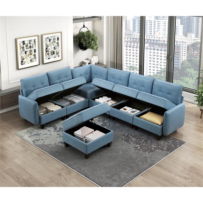 Pemberly Row Textured 7-Piece Modular Sectional with Storage and Ottoman in Blue