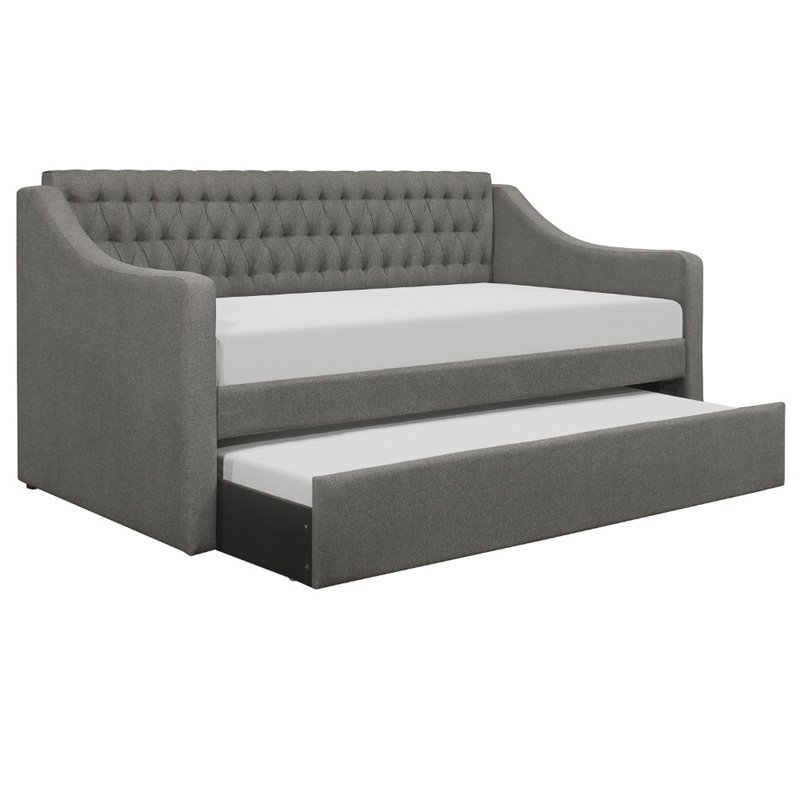 Pemberly Row Button-Tufted Fabric Daybed with Pull-Out Trundle in Gray