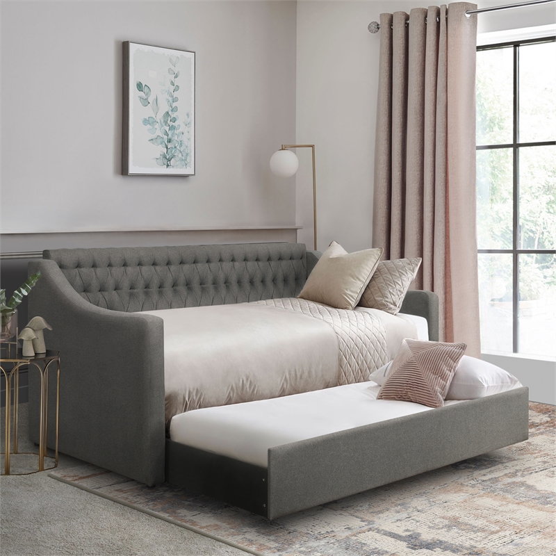Pemberly Row Button-Tufted Fabric Daybed with Pull-Out Trundle in Gray
