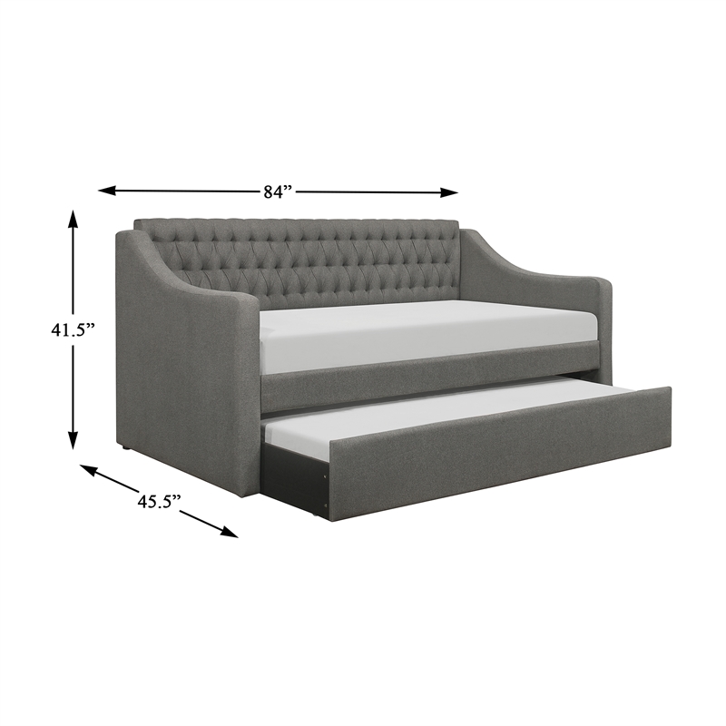 Pemberly Row Button-Tufted Fabric Daybed with Pull-Out Trundle in Gray
