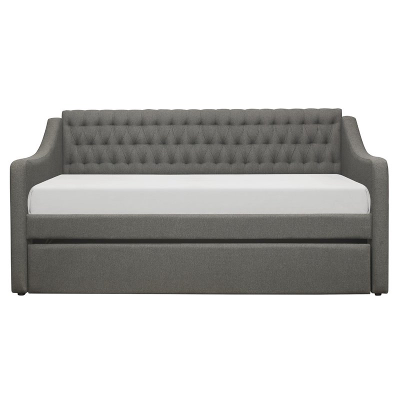 Pemberly Row Button-Tufted Fabric Daybed with Pull-Out Trundle in Gray
