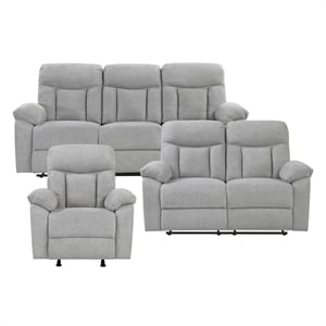 Pemberly Row Gray Chenille 3-Piece Reclining Sofa Loveseat and Chair Set