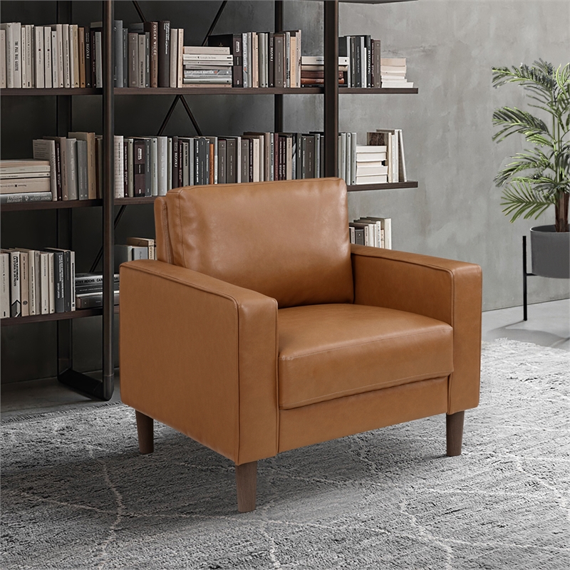 Pemberly Row Faux Leather Arm Chair with Foam Over Pocket Coils in Brown