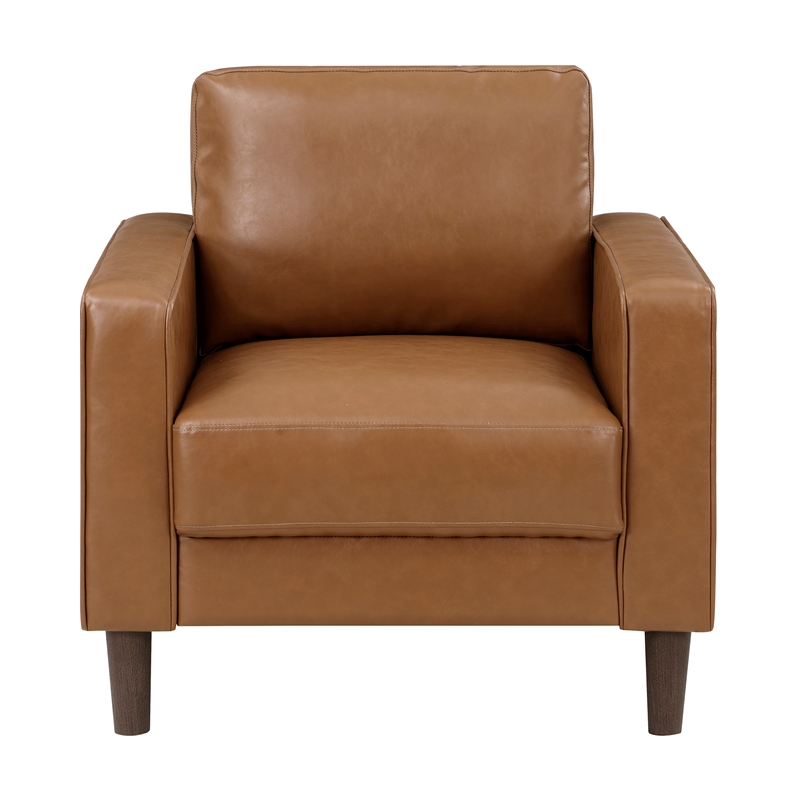 Pemberly Row Faux Leather Arm Chair with Foam Over Pocket Coils in Brown