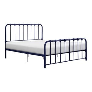 Pemberly Row Queen Metal Platform Bed with Traditional Accents in Navy Blue