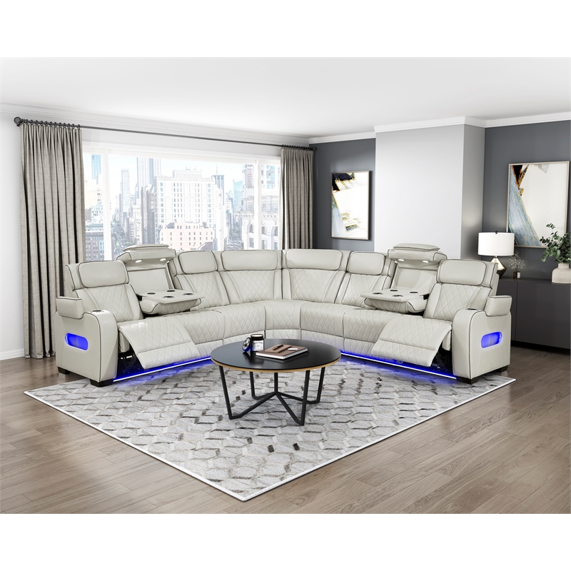 Pemberly Row Faux Leather 3-Piece Power Reclining Sectional with LED in Taupe