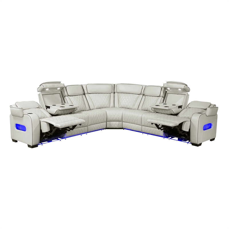 Pemberly Row Faux Leather 3-Piece Power Reclining Sectional with LED in Taupe