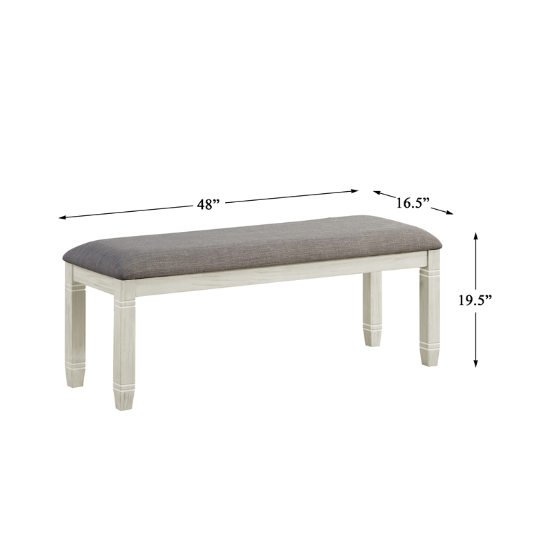 Pemberly Row Pine Wood Dining Bench with Fabric Seat in Antique White